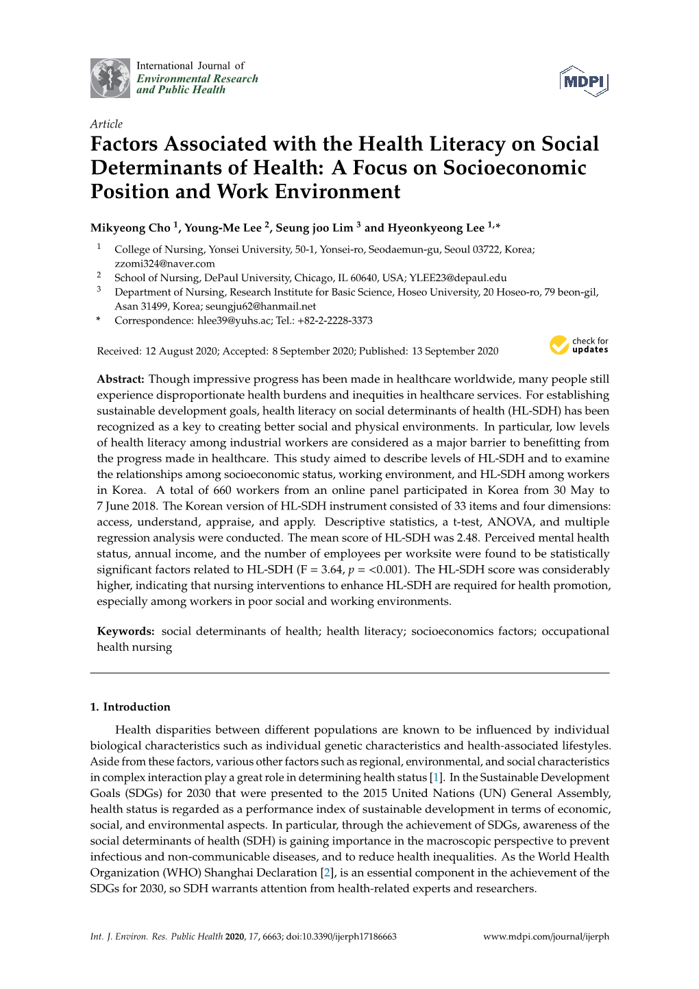 Factors Associated with the Health Literacy on Social Determinants of Health: a Focus on Socioeconomic Position and Work Environment