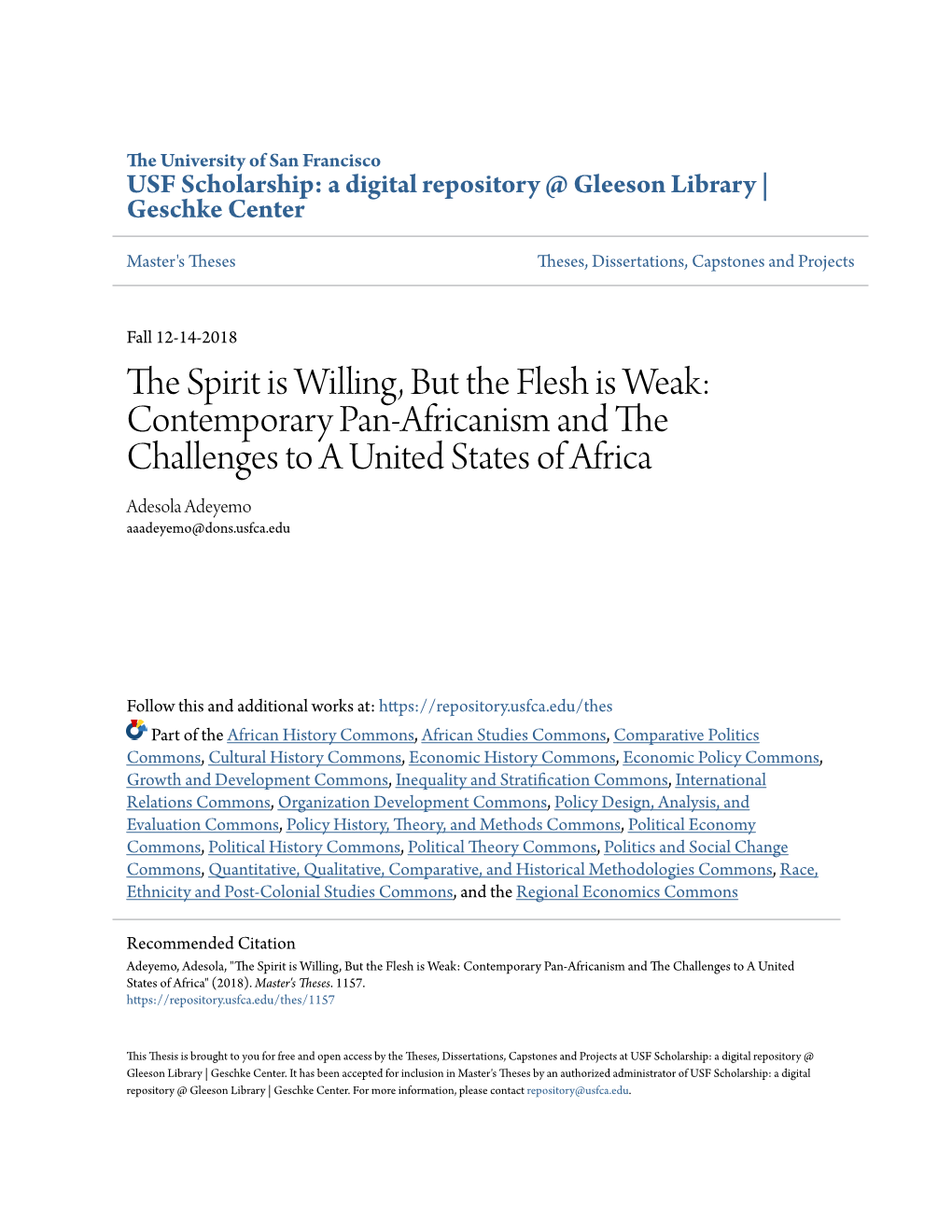 Contemporary Pan-Africanism and the Challenges to a United States of Africa Adesola Adeyemo Aaadeyemo@Dons.Usfca.Edu