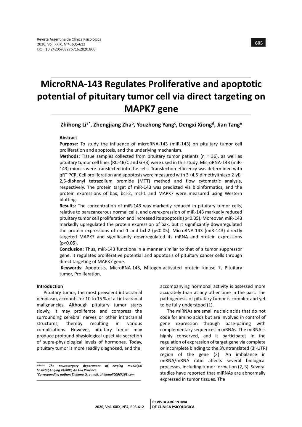 Microrna-143 Regulates Proliferative and Apoptotic Potential of Pituitary Tumor Cell Via Direct Targeting on MAPK7 Gene