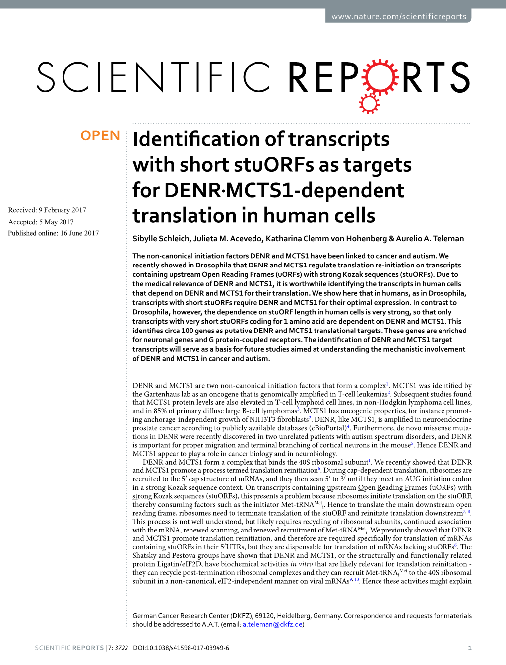 Identification of Transcripts with Short Stuorfs As Targets for DENR