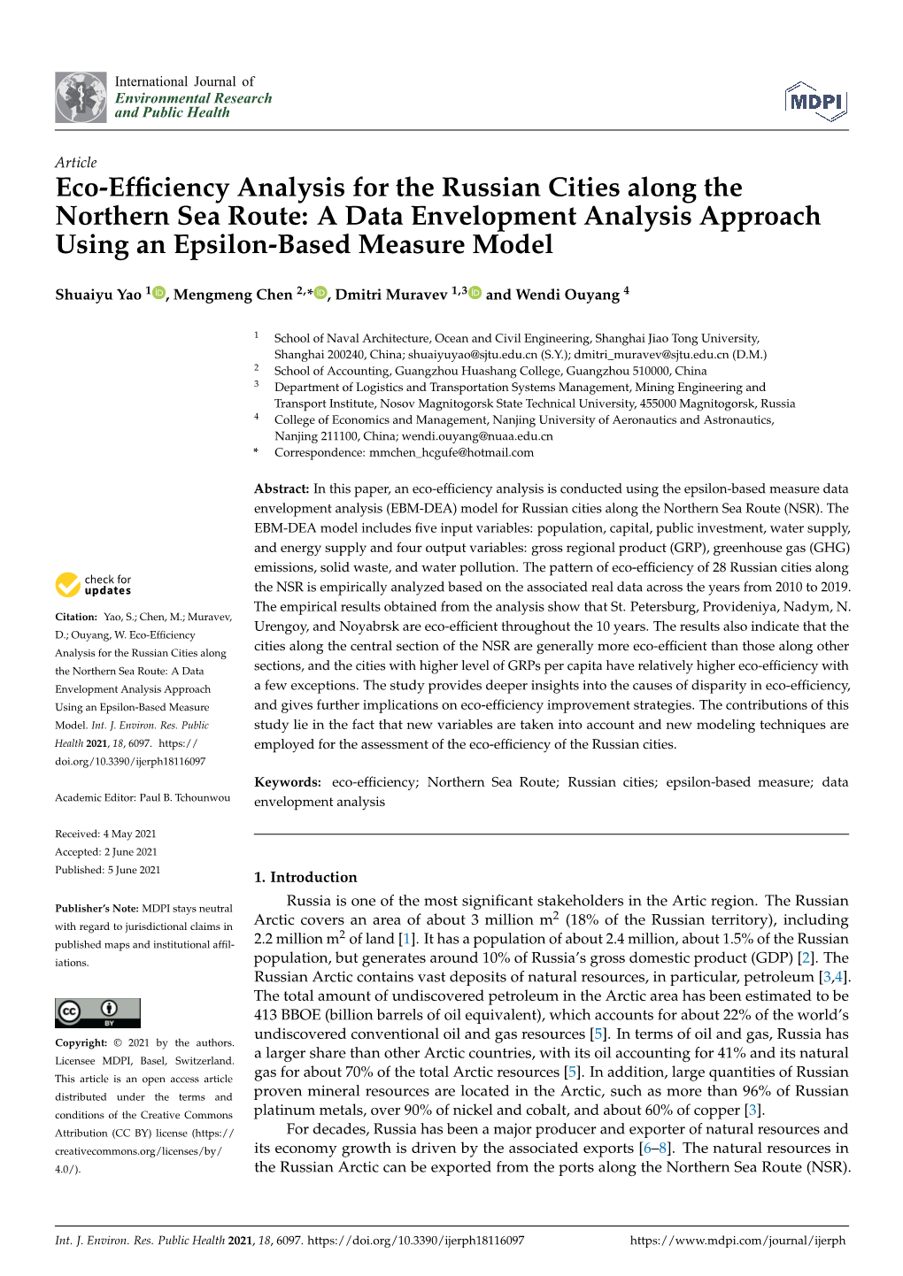 Eco-Efficiency Analysis for the Russian Cities Along the Northern