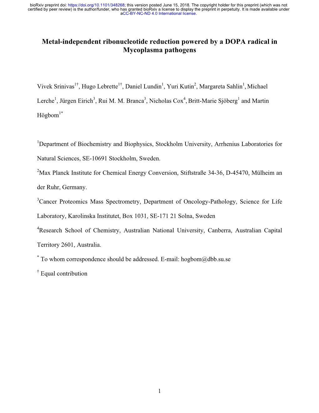 Metal-Independent Ribonucleotide Reduction Powered by a DOPA Radical in Mycoplasma Pathogens