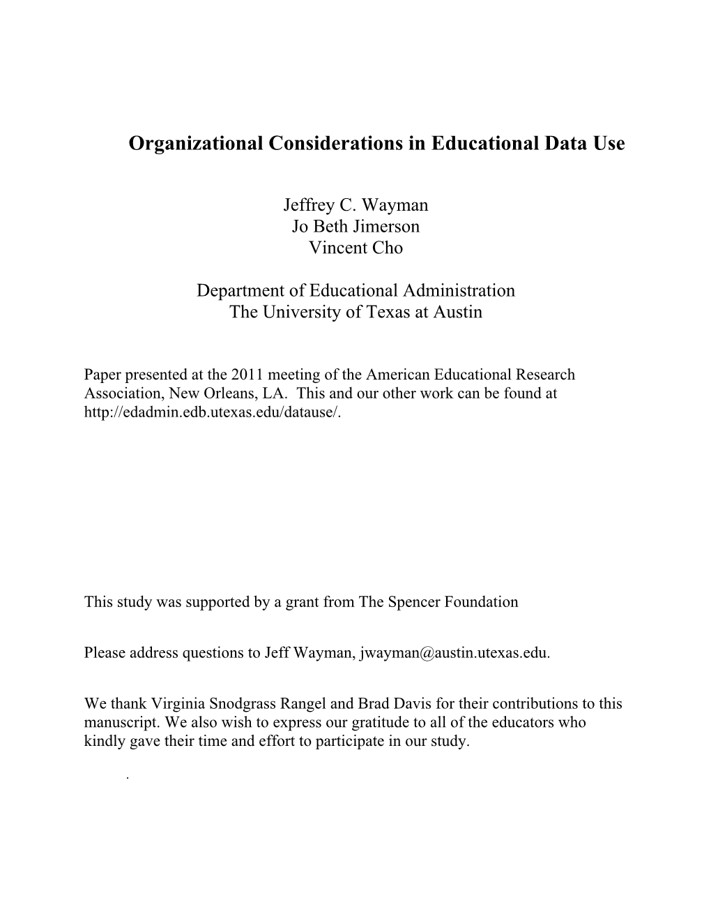 Organizational Considerations in Educational Data Use