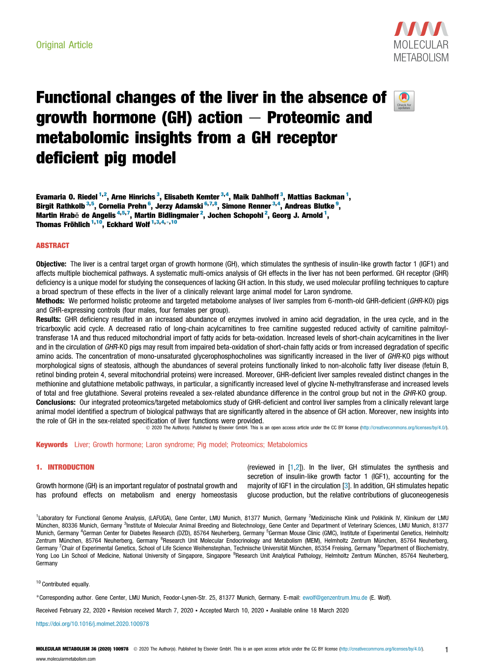 Functional Changes of the Liver in the Absence of Growth Hormone (GH) Action E Proteomic and Metabolomic Insights from a GH Receptor Deﬁcient Pig Model