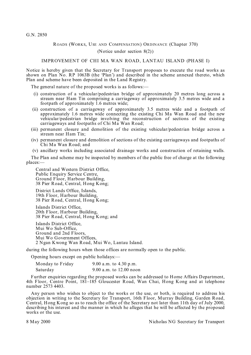 G.N. 2850 Roads (Works, Use and Compensation