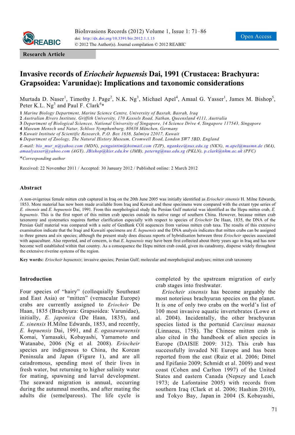 Invasive Records of Eriocheir Hepuensis Dai, 1991 (Crustacea: Brachyura: Grapsoidea: Varunidae): Implications and Taxonomic Considerations