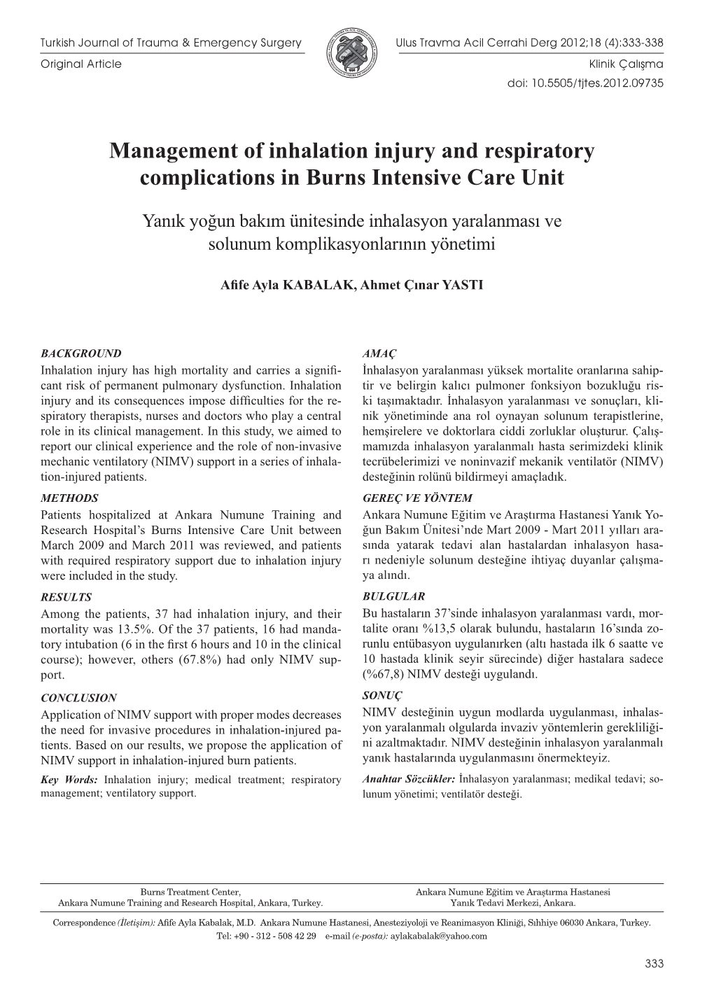 Management of Inhalation Injury and Respiratory Complications in Burns Intensive Care Unit