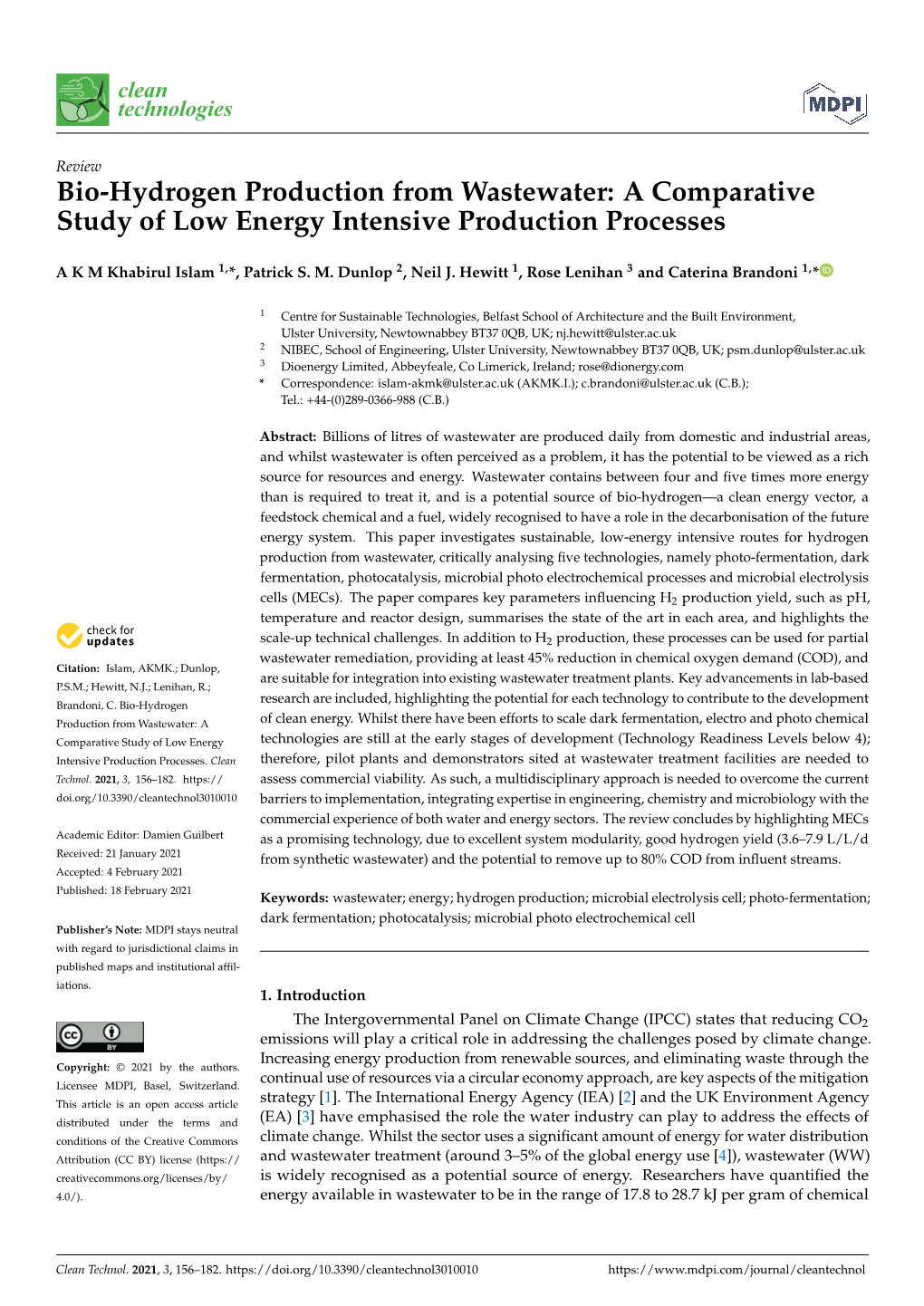 Bio-Hydrogen Production from Wastewater: a Comparative Study of Low Energy Intensive Production Processes