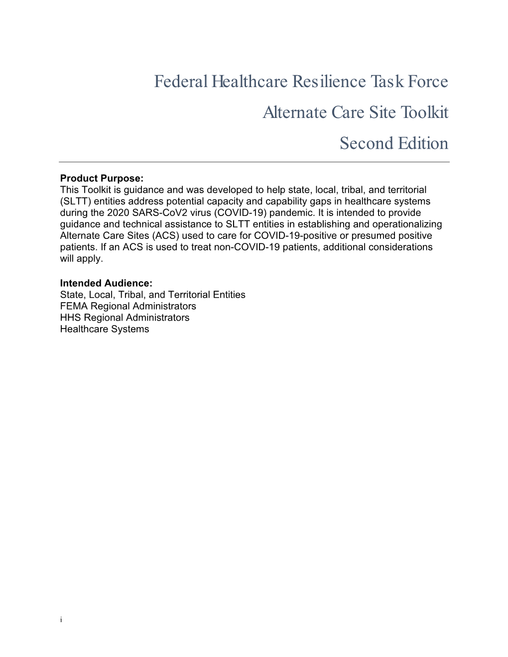 Federal Healthcare Resilience Task Force Alternate Care Site Toolkit Second Edition