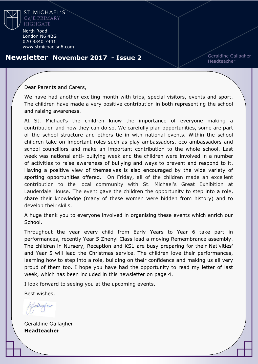 Newsletter November 2017 - Issue 2 Geraldine Gallagher Headteacher