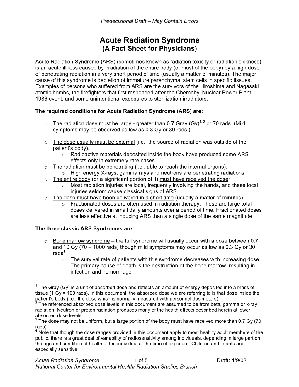 Acute Radiation Syndrome (A Fact Sheet for Physicians)