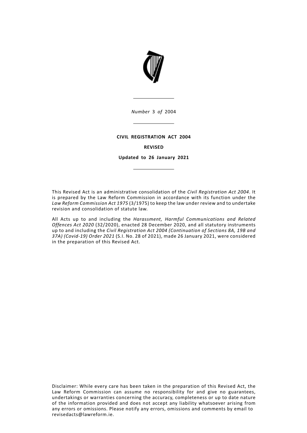 Number 3 of 2004 CIVIL REGISTRATION ACT 2004