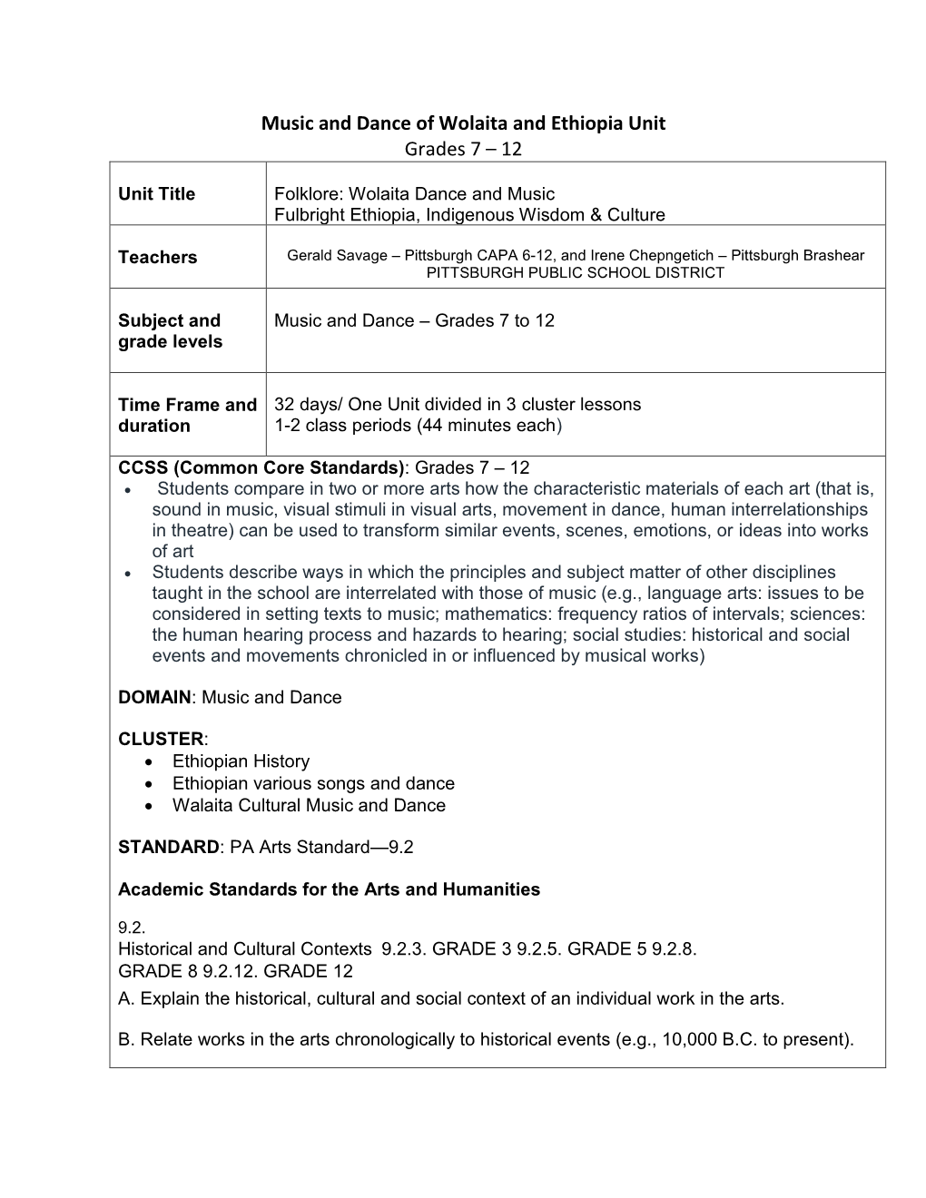 Music and Dance of Wolaita and Ethiopia Unit Grades 7 – 12