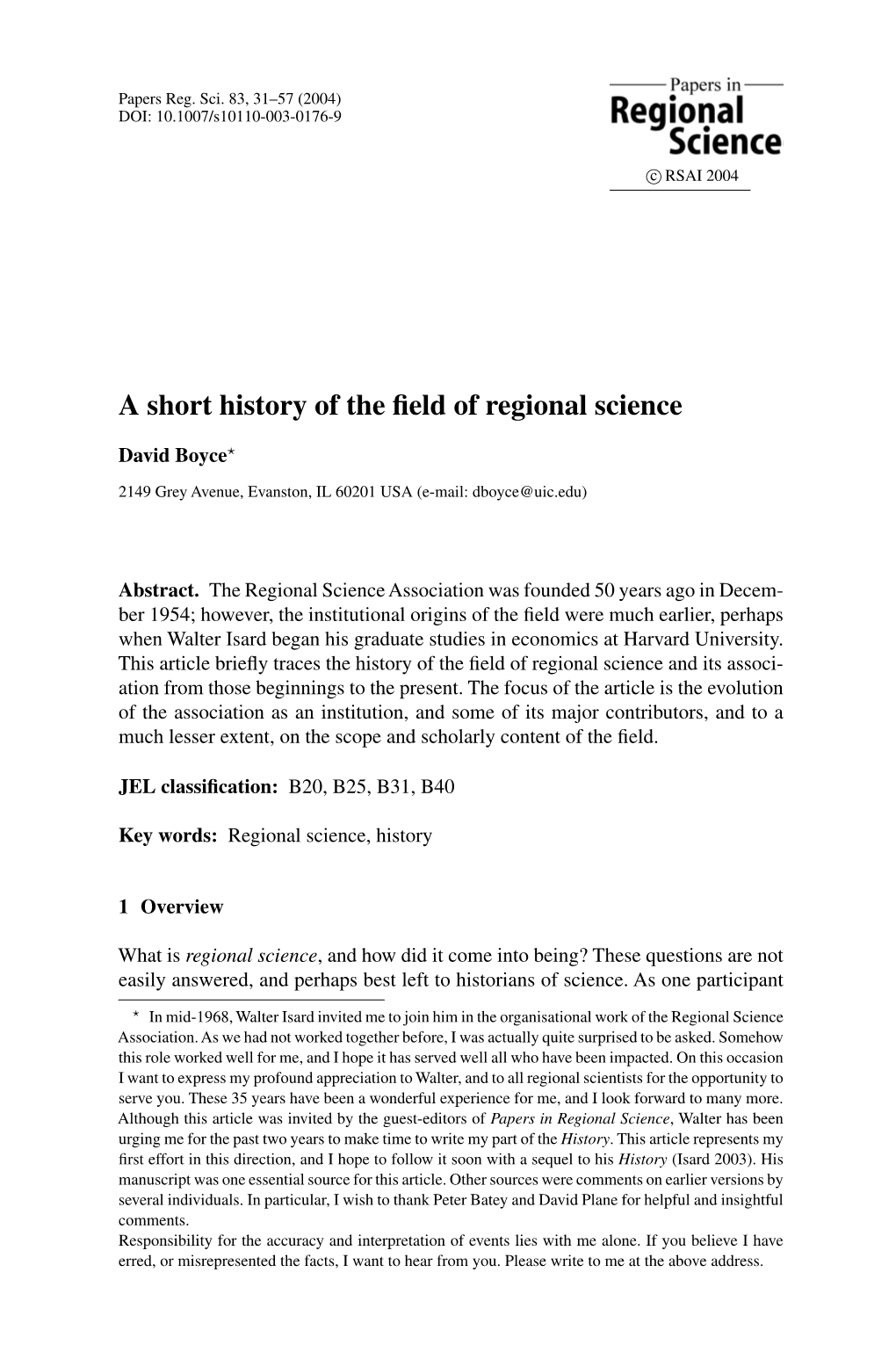 A Short History of the Field of Regional Science