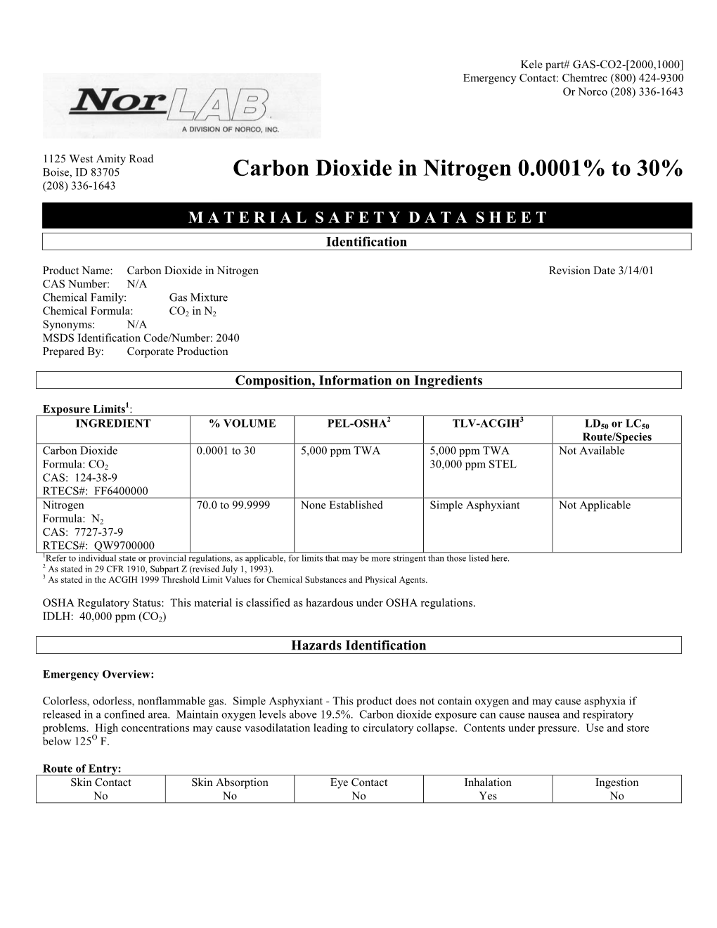 Carbon Dioxide in Nitrogen 0.0001% to 30% (208) 336-1643