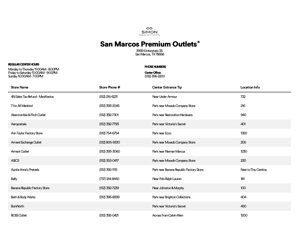 Complete List of Stores Located at San Marcos Premium Outlets