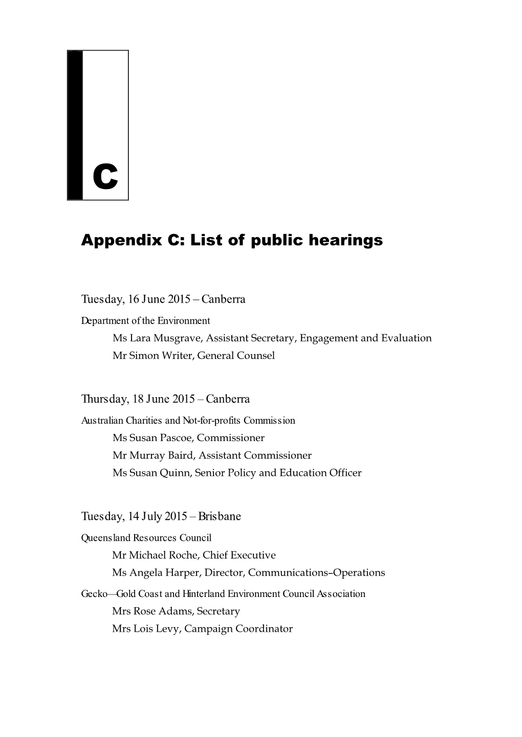 Appendix C: List of Public Hearings