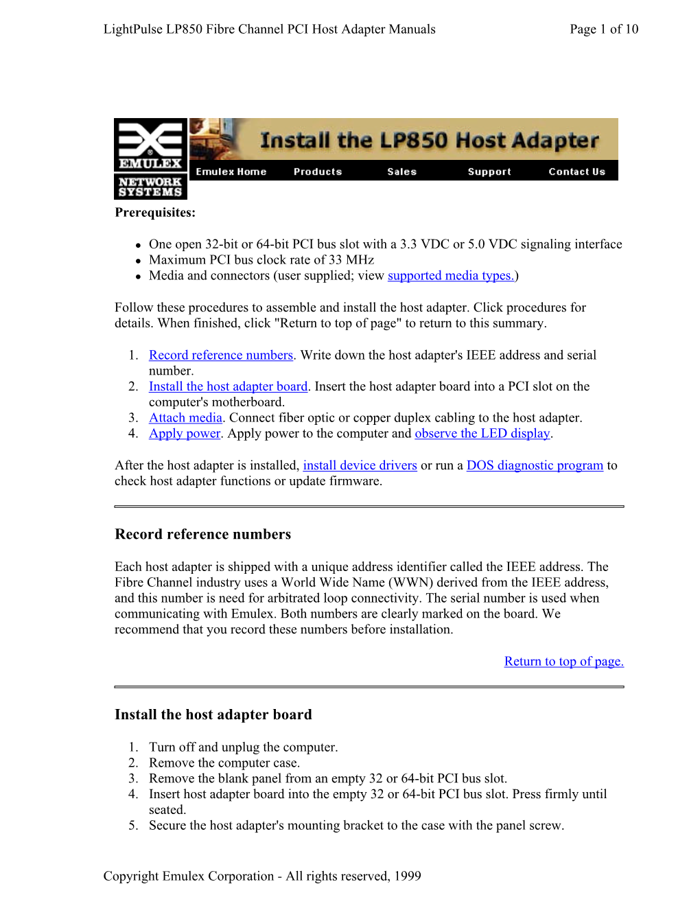 Emulex LP850 Host Bus Adapter Documentation