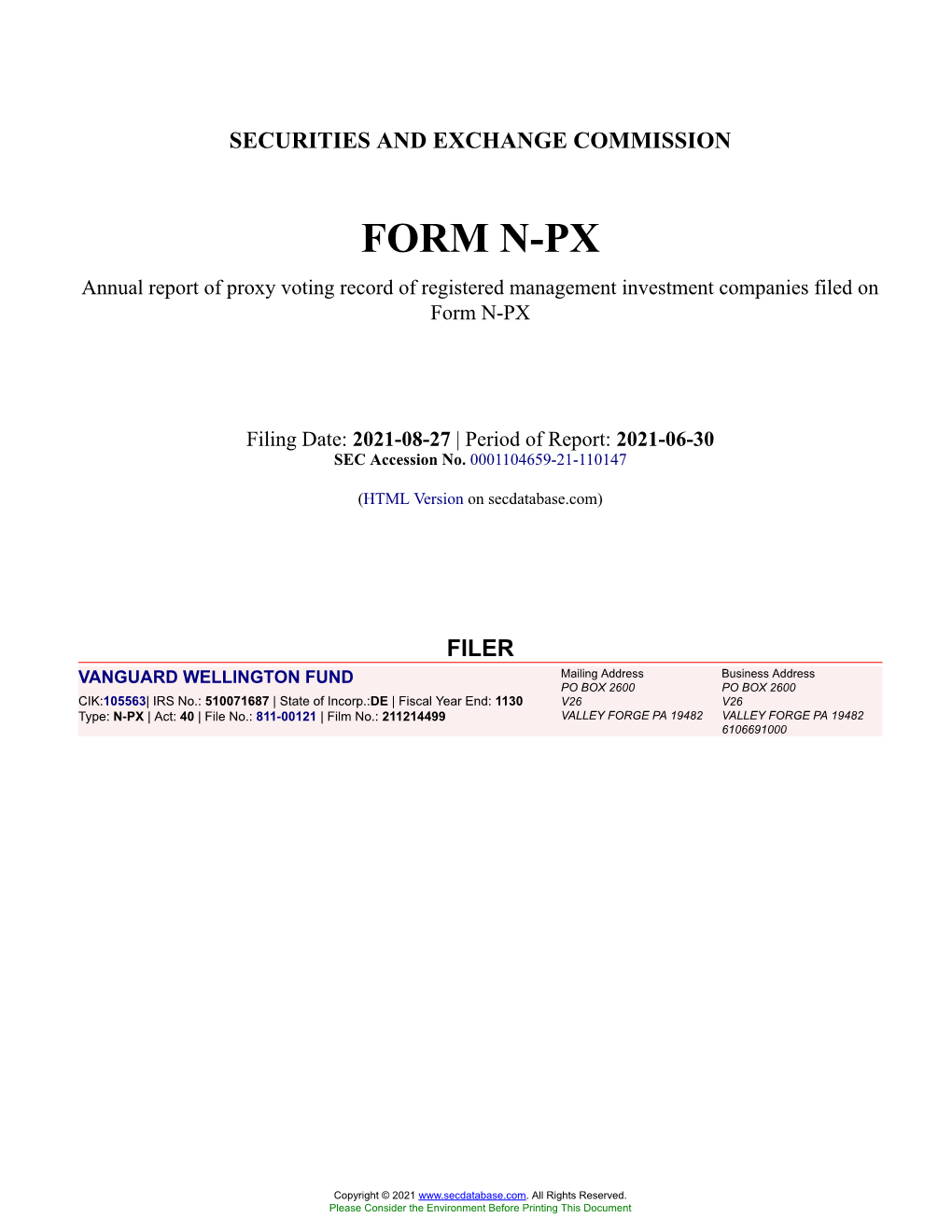 VANGUARD WELLINGTON FUND Form N-PX Filed 2021-08-27