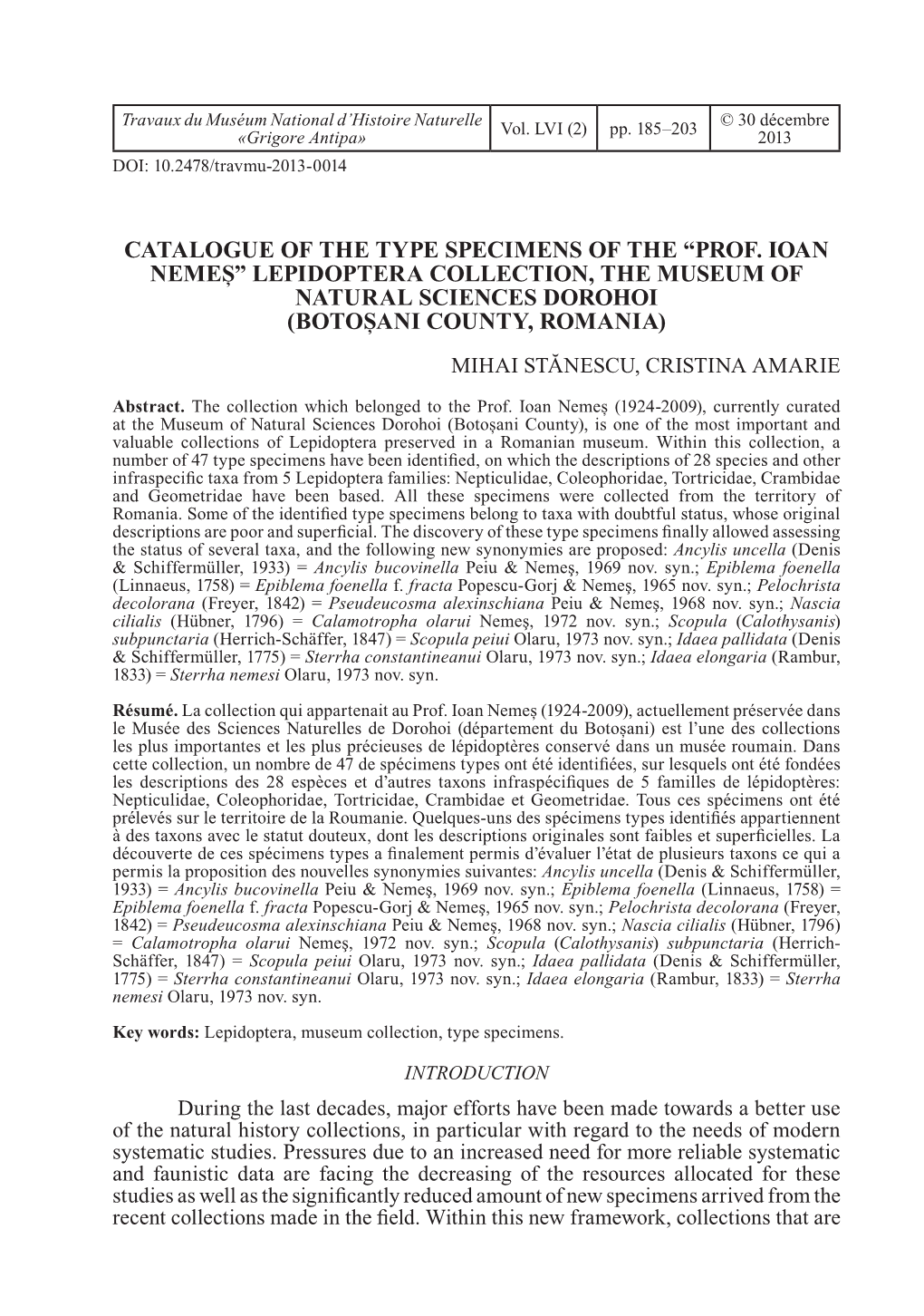 Catalogue of the Type Specimens of the “Prof. Ioan