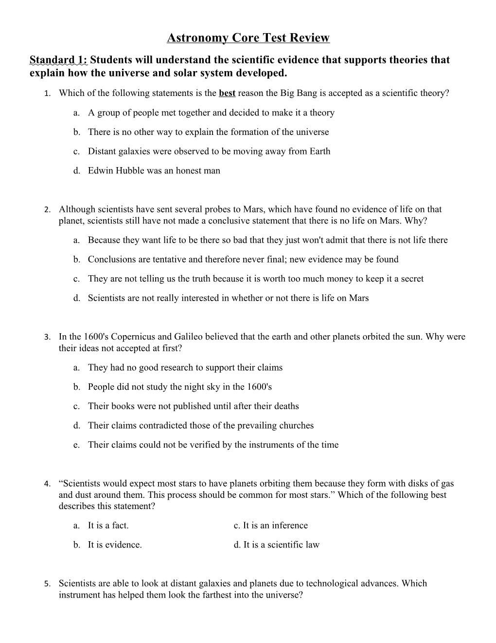 Astronomy Core Test Review