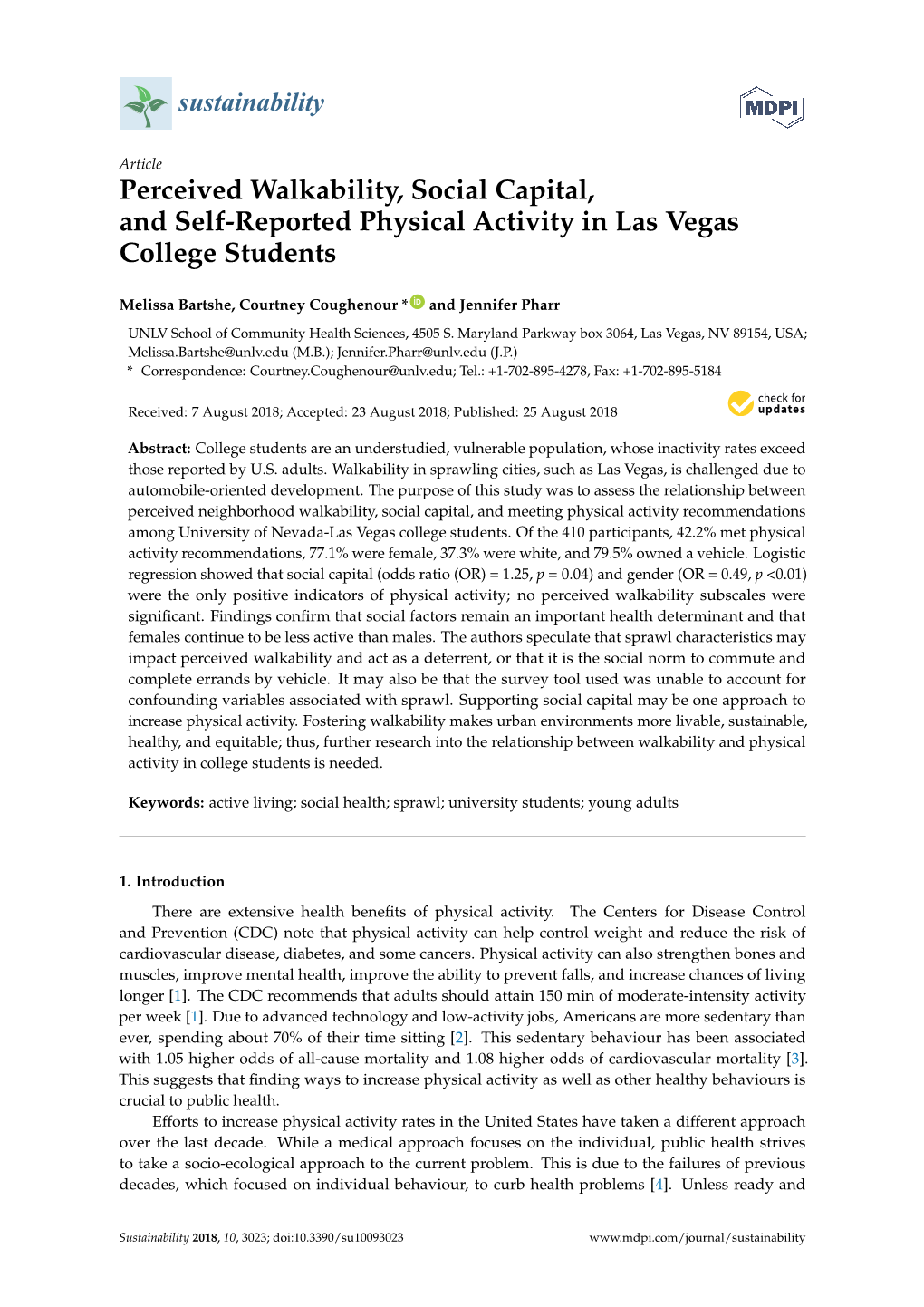 Perceived Walkability, Social Capital, and Self-Reported Physical Activity in Las Vegas College Students