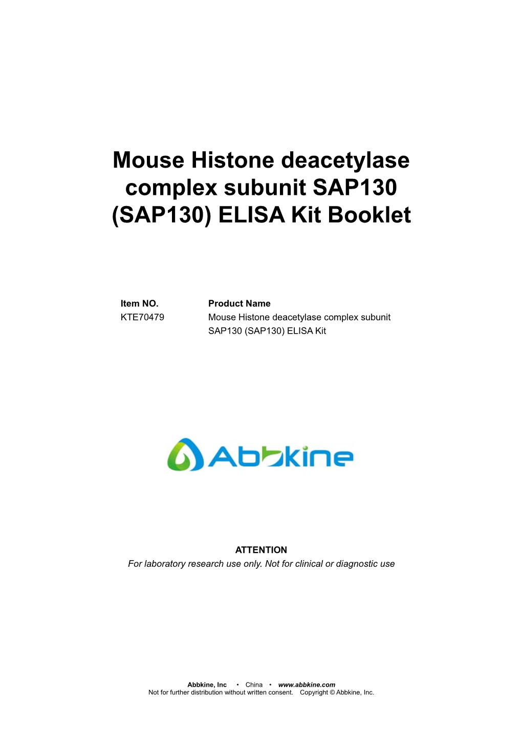 Mouse Histone Deacetylase Complex Subunit SAP130 (SAP130) ELISA Kit Booklet