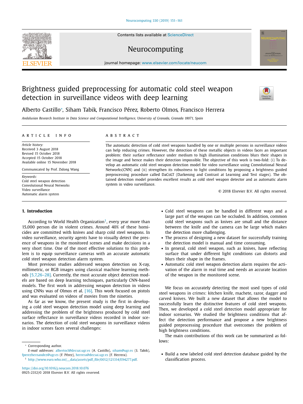 Brightness Guided Preprocessing for Automatic Cold Steel Weapon Detection in Surveillance Videos with Deep Learning