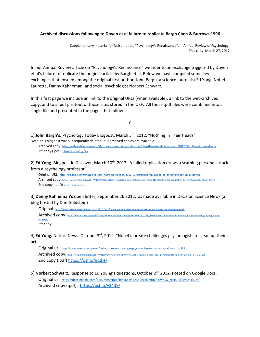 Archived Discussions Following to Doyen Et Al Failure to Replicate Bargh Chen & Burrows 1996 in Our Annual R