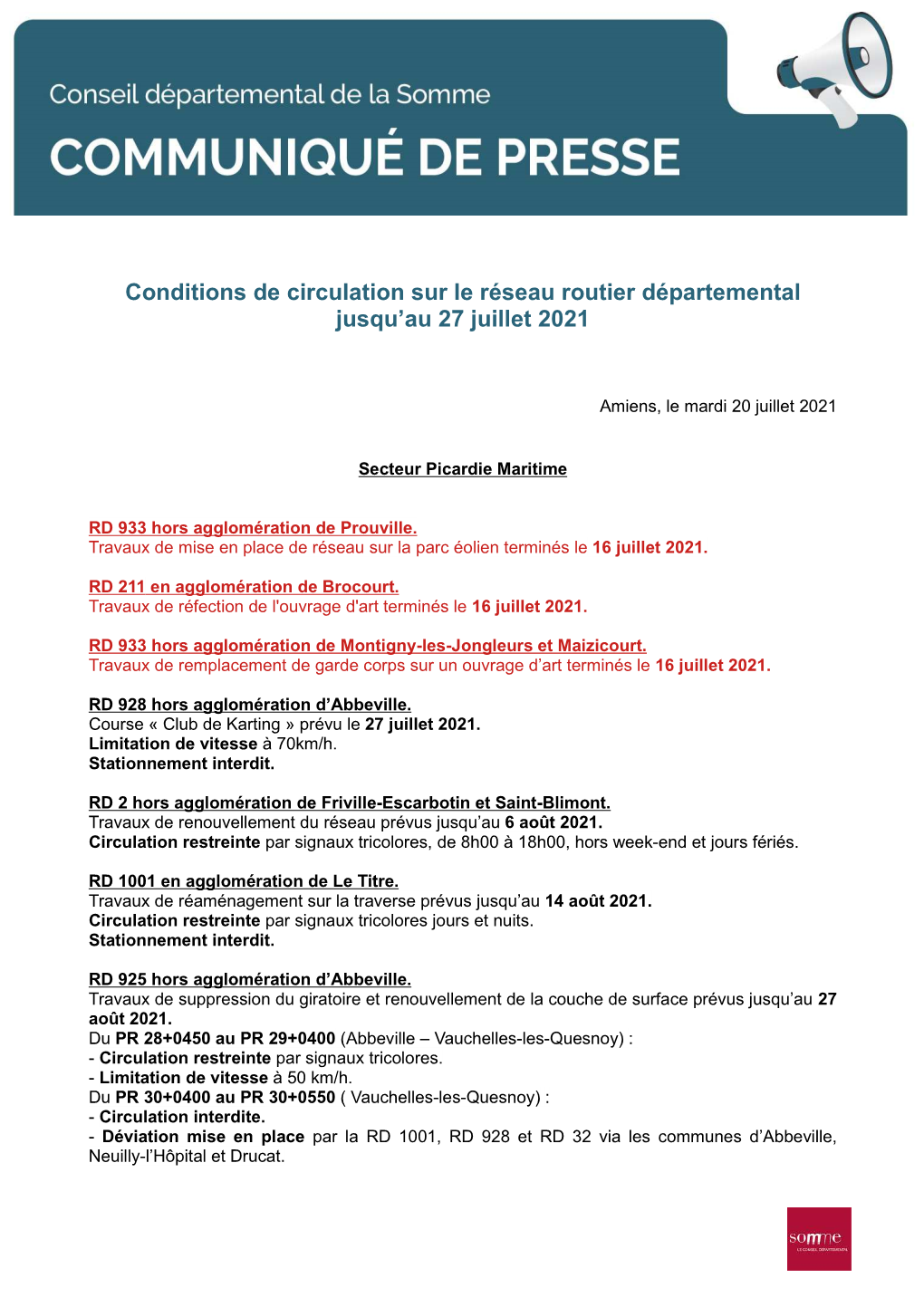 Conditions De Circulation Sur Le Réseau Routier Départemental Jusqu'au 27