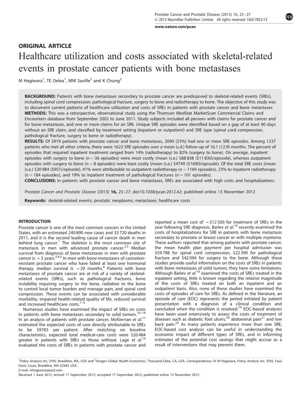 Healthcare Utilization and Costs Associated with Skeletal-Related Events in Prostate Cancer Patients with Bone Metastases
