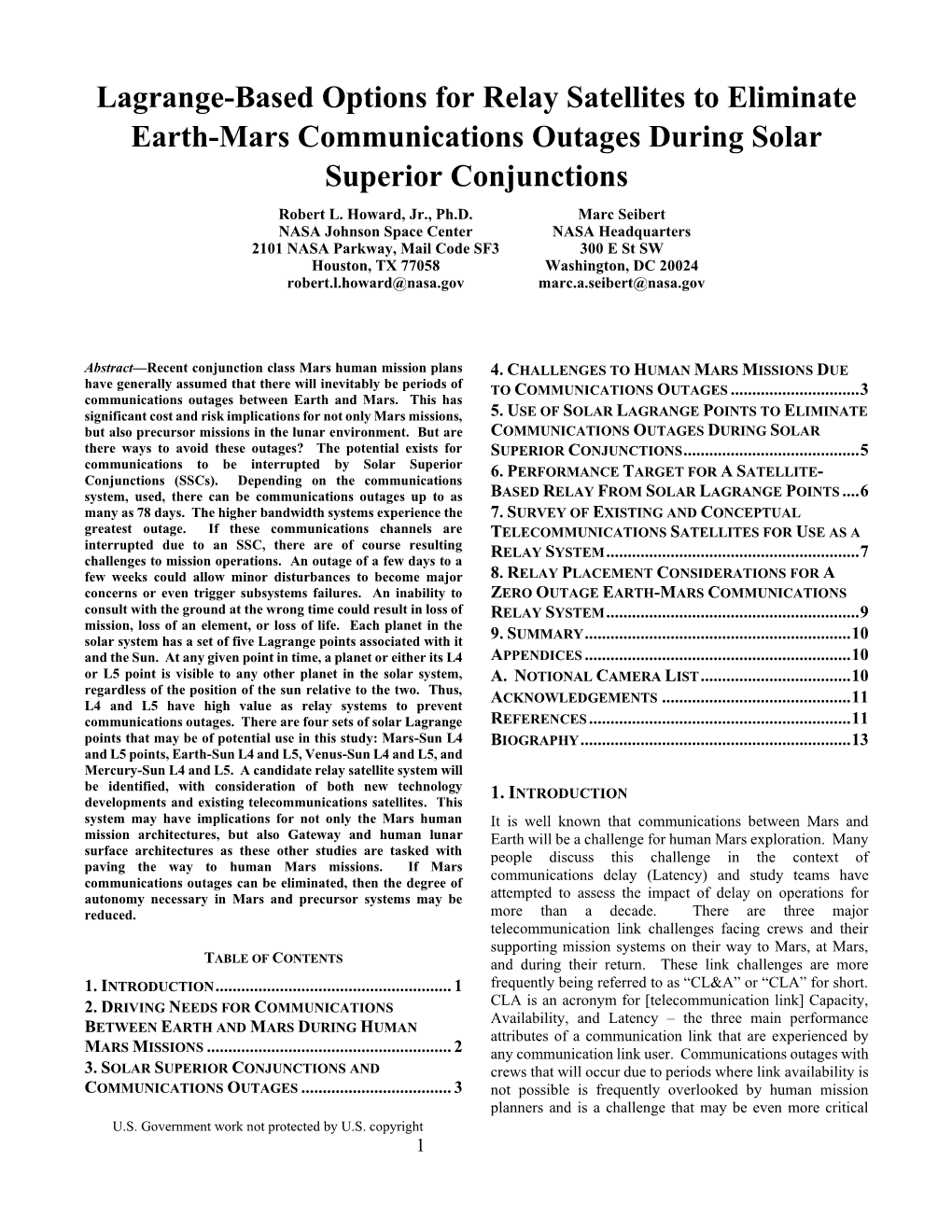 Lagrange-Based Options for Relay Satellites to Eliminate Earth-Mars Communications Outages During Solar Superior Conjunctions Robert L