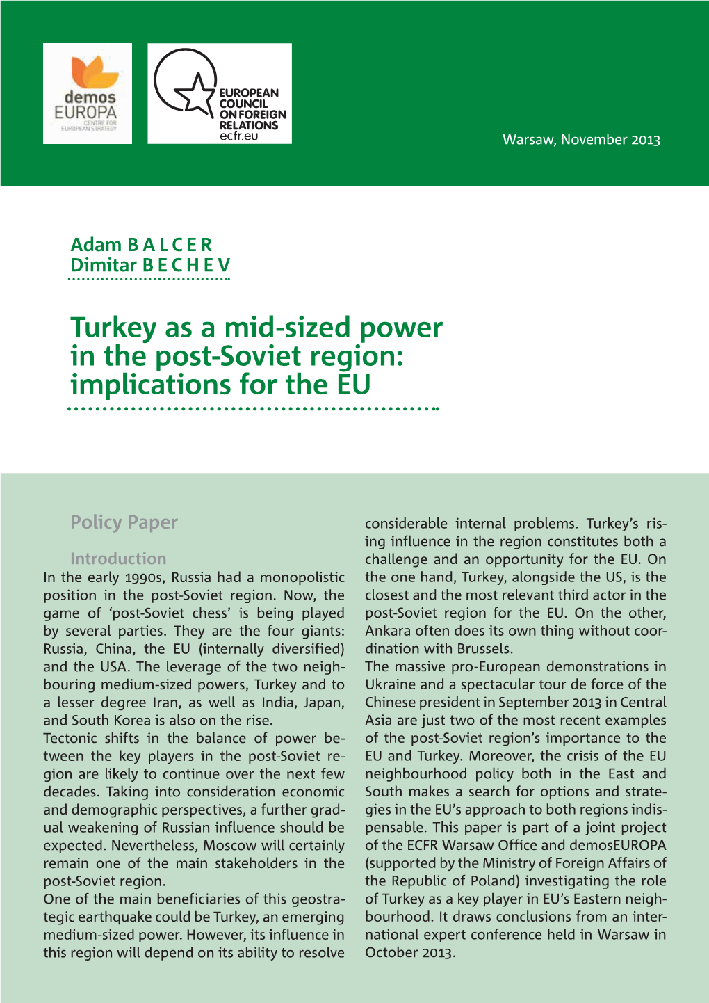 Turkey As a Mid-Sized Power in the Post-Soviet Region: Implications for the EU