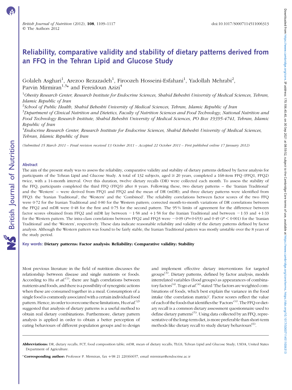 British Journal of Nutrition (2012), 108, 1109–1117 Doi:10.1017/S0007114511006313 Q the Authors 2012