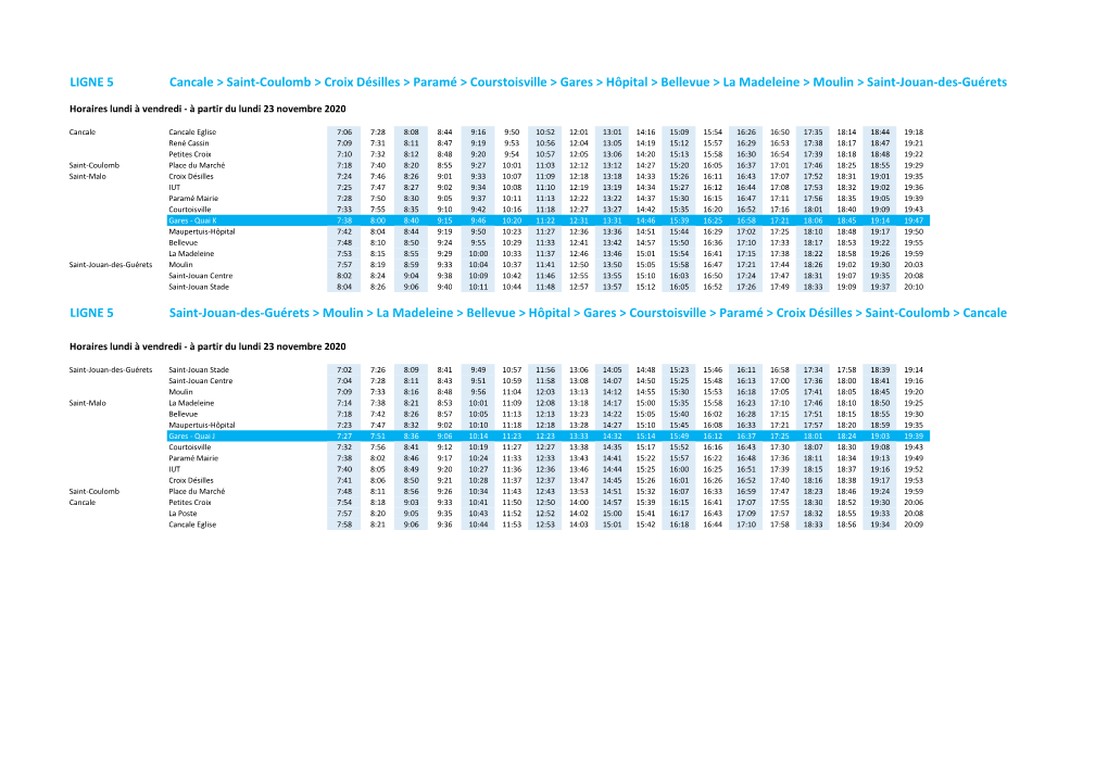 Horaires Lundi a Vendredi a Partir Du Lundi 23 Novembre 2020.Xlsx