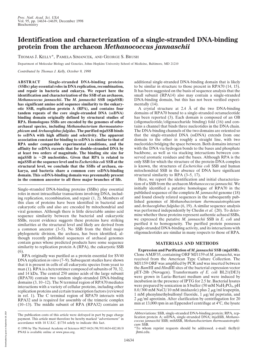 Identification and Characterization of a Single-Stranded DNA-Binding Protein from the Archaeon Methanococcus Jannaschii