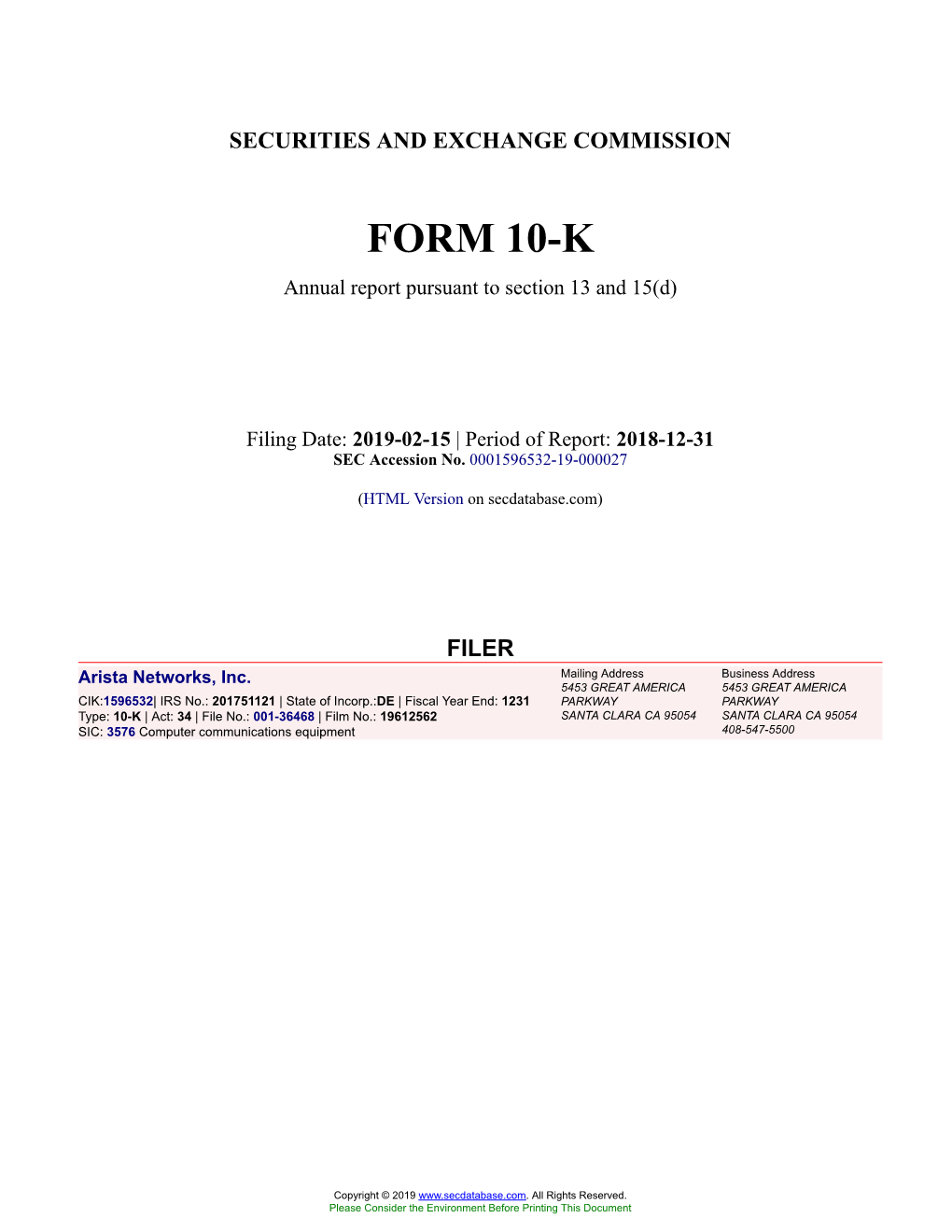 Arista Networks, Inc. Form 10-K Annual Report Filed 2019-02-15