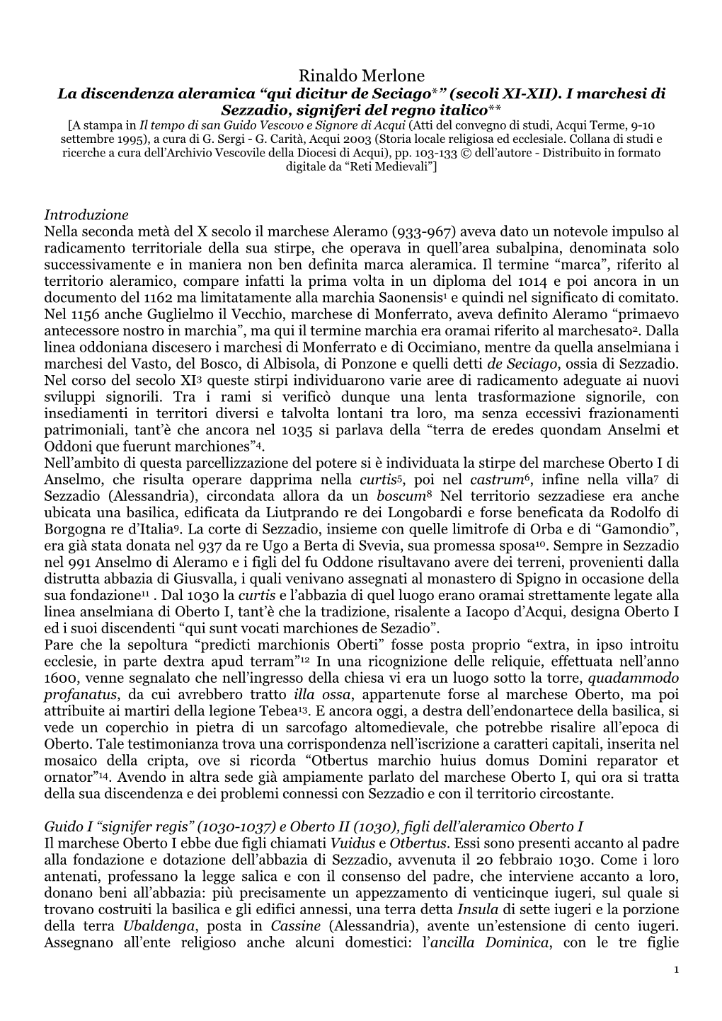 Rinaldo Merlone La Discendenza Aleramica “Qui Dicitur De Seciago*” (Secoli XI-XII)