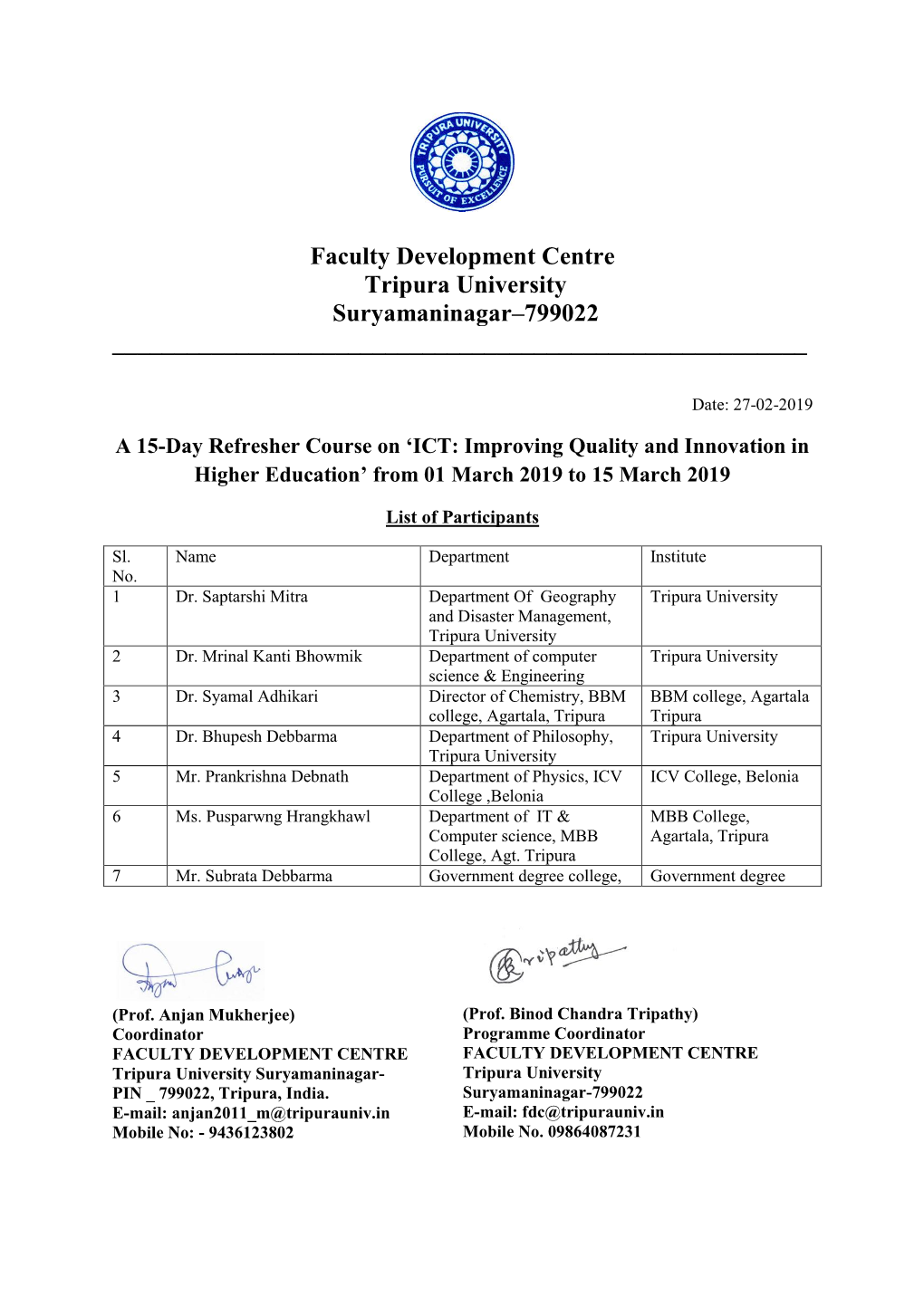 Faculty Development Center Tripura University Suryamaninagar–799022