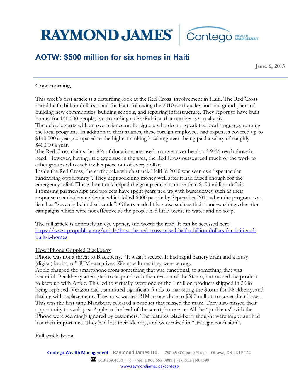 AOTW: $500 Million for Six Homes in Haiti June 6, 2015