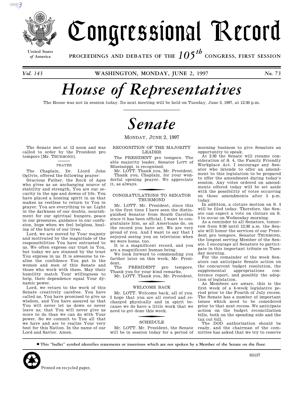 Senate MONDAY, JUNE 2, 1997