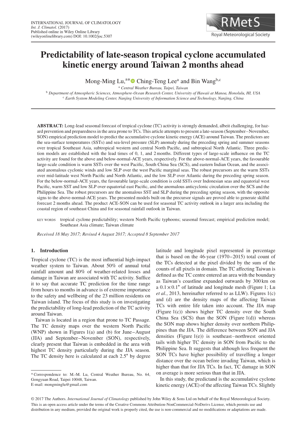 Predictability of Late-Season Tropical Cyclone Accumulated Kinetic Energy Around Taiwan Two Months Ahead