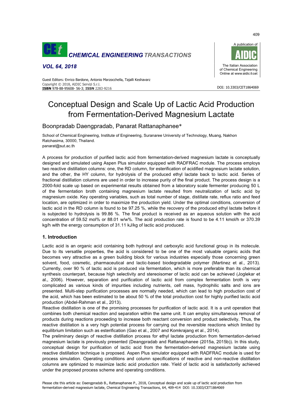 Conceptual Design and Scale up of Lactic Acid Production From