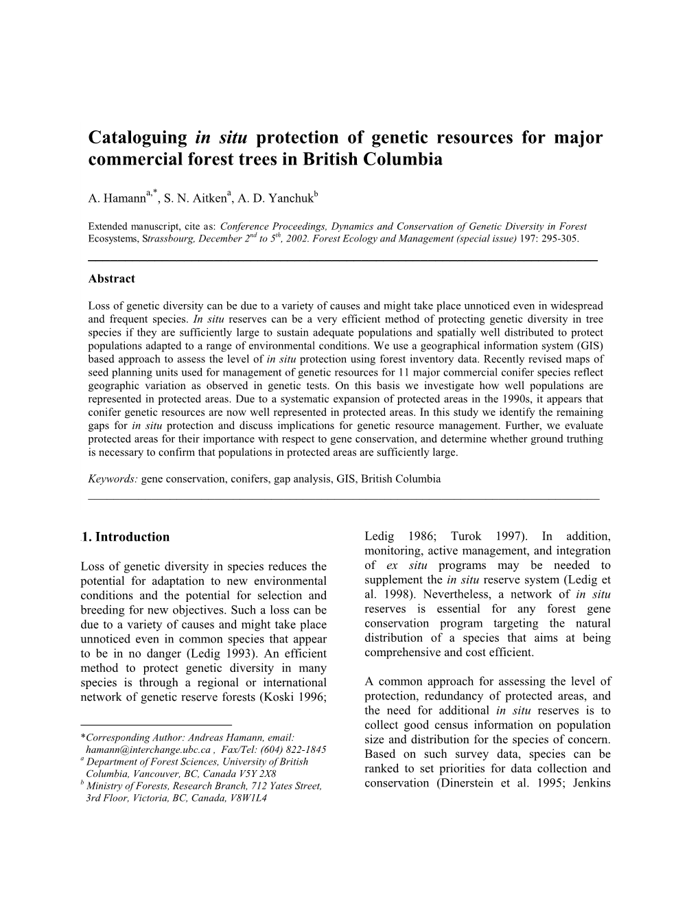 Cataloguing in Situ Protection of Genetic Resources for Major Commercial Forest Trees in British Columbia