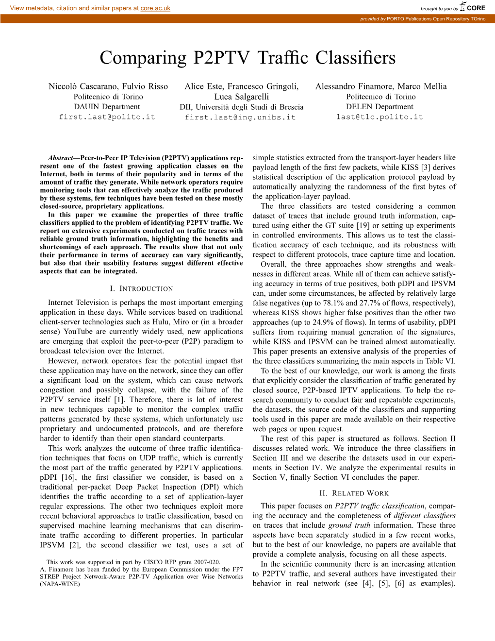 Comparing P2PTV Traffic Classifiers