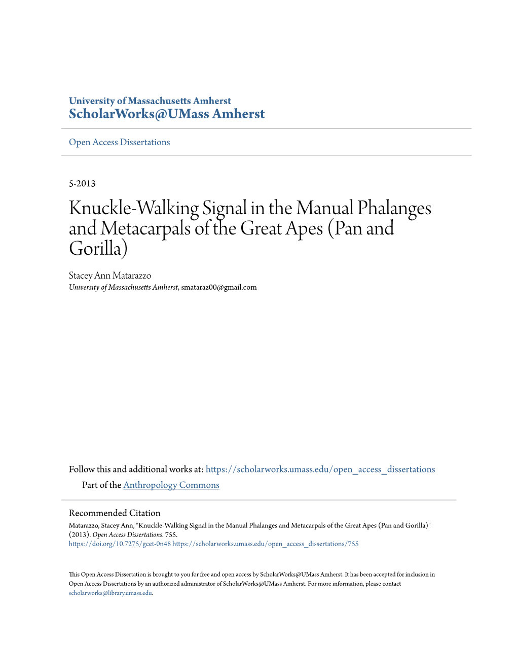 Knuckle-Walking Signal in the Manual Phalanges and Metacarpals of The