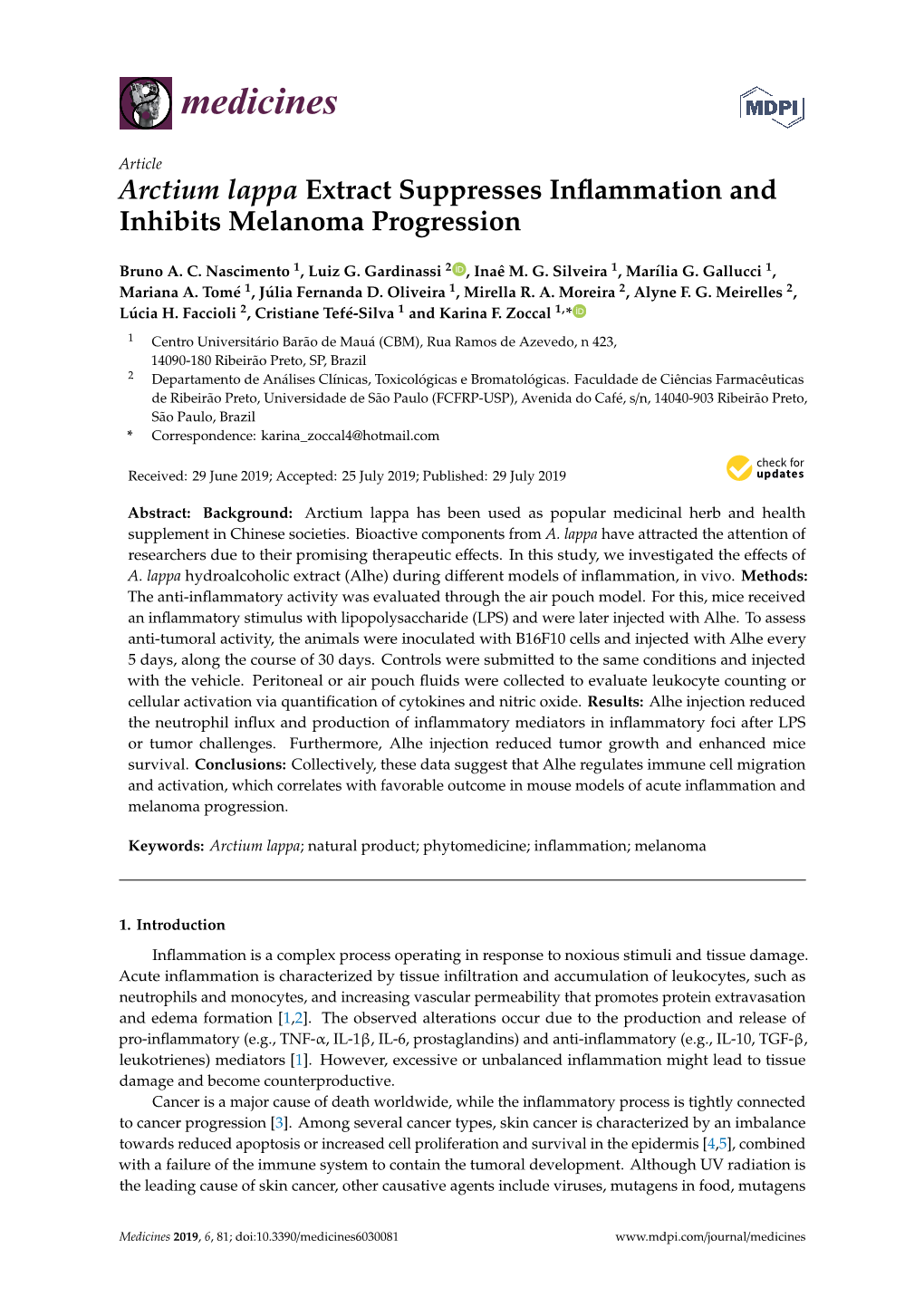 Arctium Lappa Extract Suppresses Inflammation and Inhibits