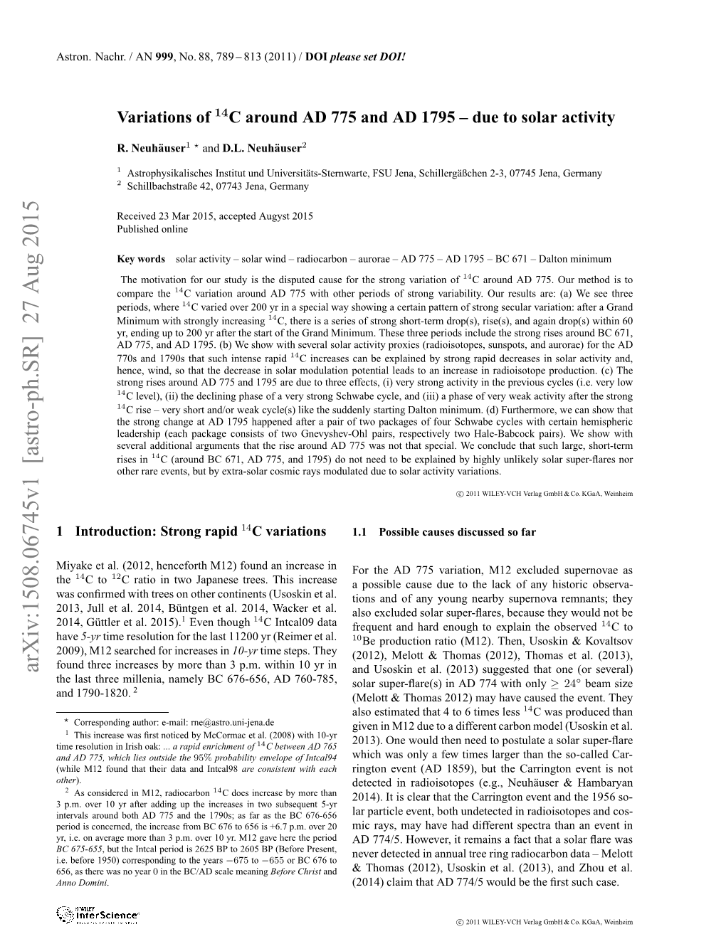 Variations of 14-C Around AD 775 and AD 1795-Due to Solar Activity