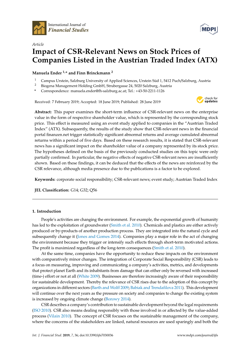 Impact of CSR-Relevant News on Stock Prices of Companies Listed in the Austrian Traded Index (ATX)