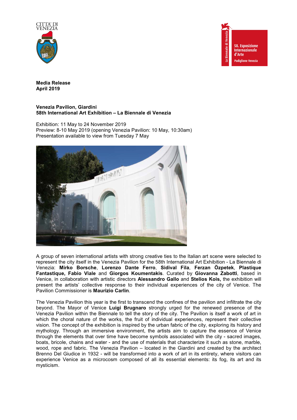 Media Release April 2019 Venezia Pavilion, Giardini 58Th